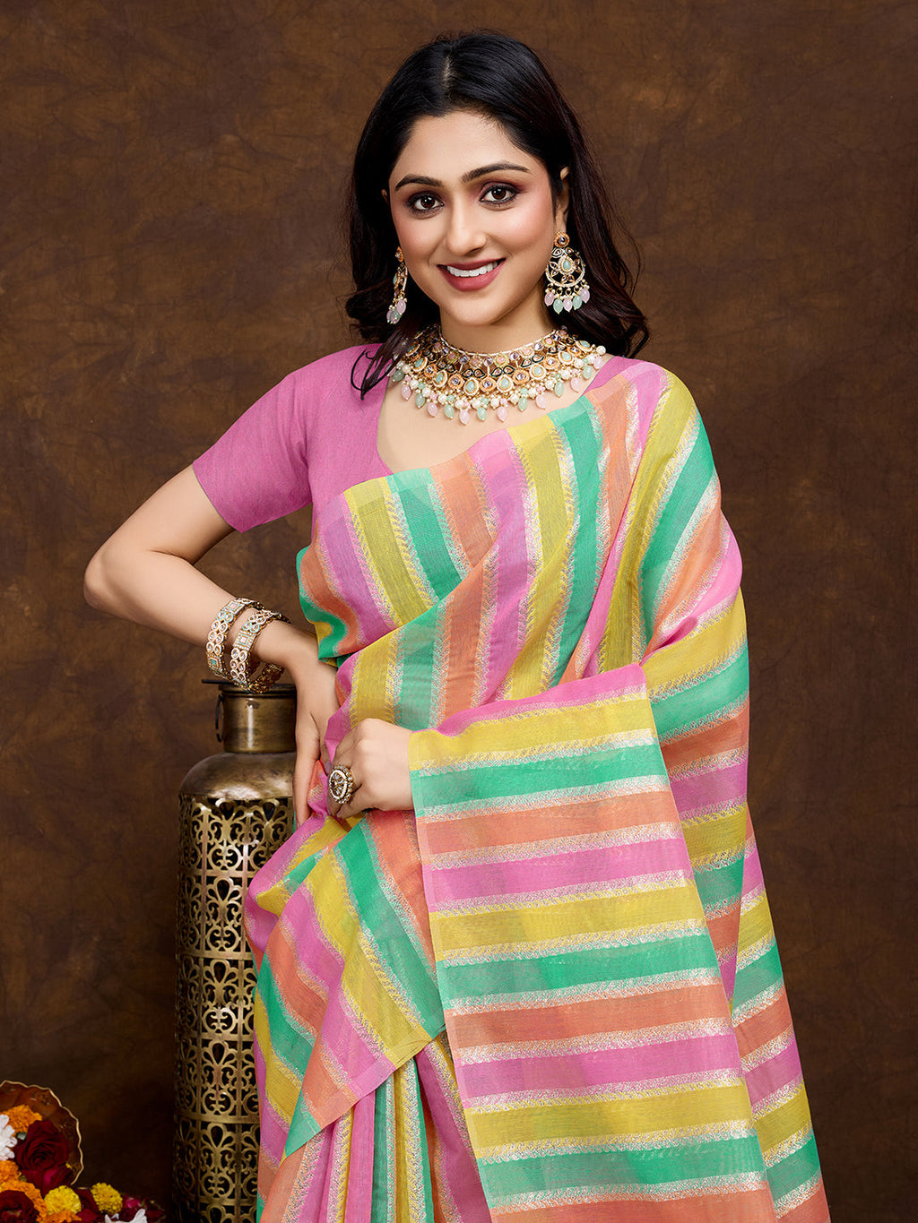 Vedant Vastram Jacquard Work Fancy Bollywood Saree - Pink | Grocsy