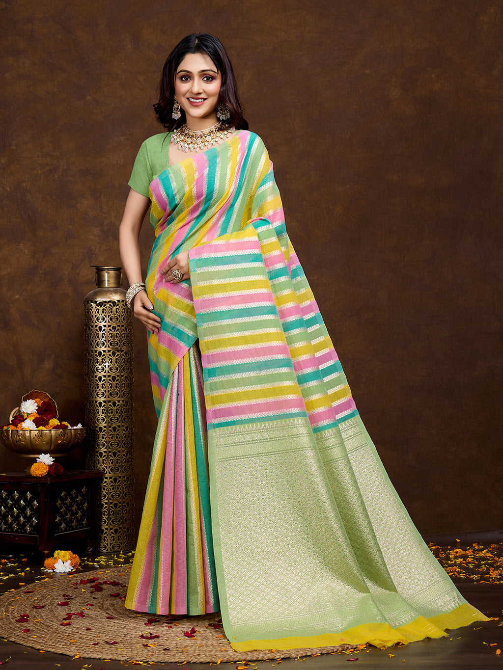 Vedant Vastram Jacquard Work Fancy Bollywood Saree - Pista | Grocsy