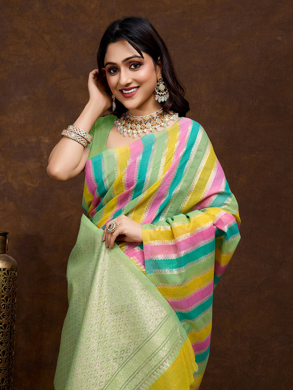 Vedant Vastram Jacquard Work Fancy Bollywood Saree - Pista | Grocsy