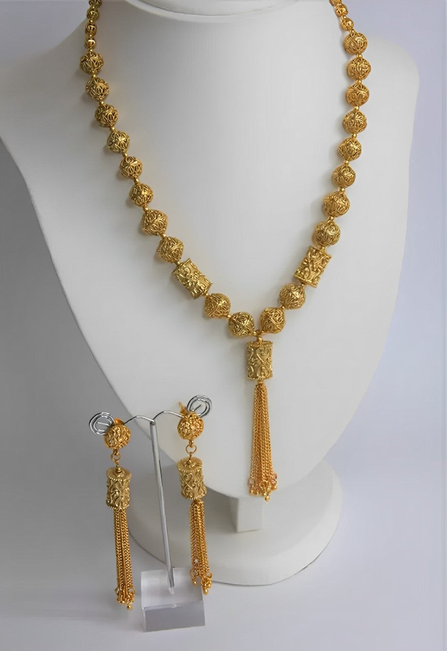Jewel City Elegant Gold Filigree Tassel Necklace and Earring Set - Traditional Indian Bridal Jewelry | Grocsy