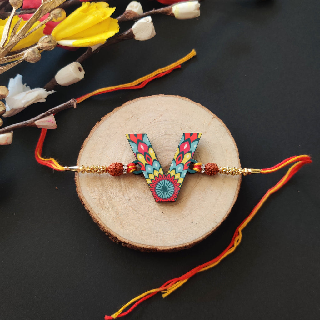 Indianvibez Alphabet V Wooden Rakhi - Kids Rakhi | Grocsy