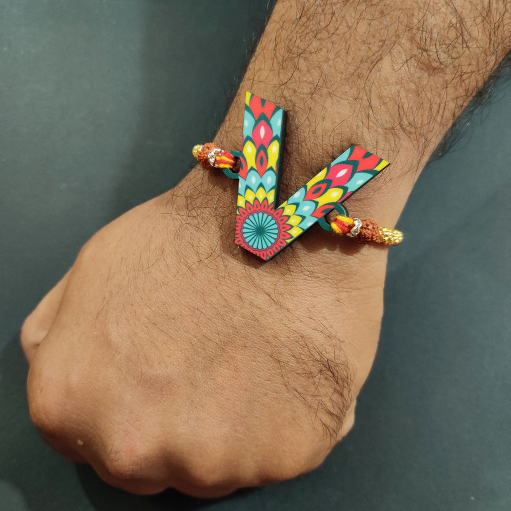Indianvibez Alphabet V Wooden Rakhi - Kids Rakhi | Grocsy