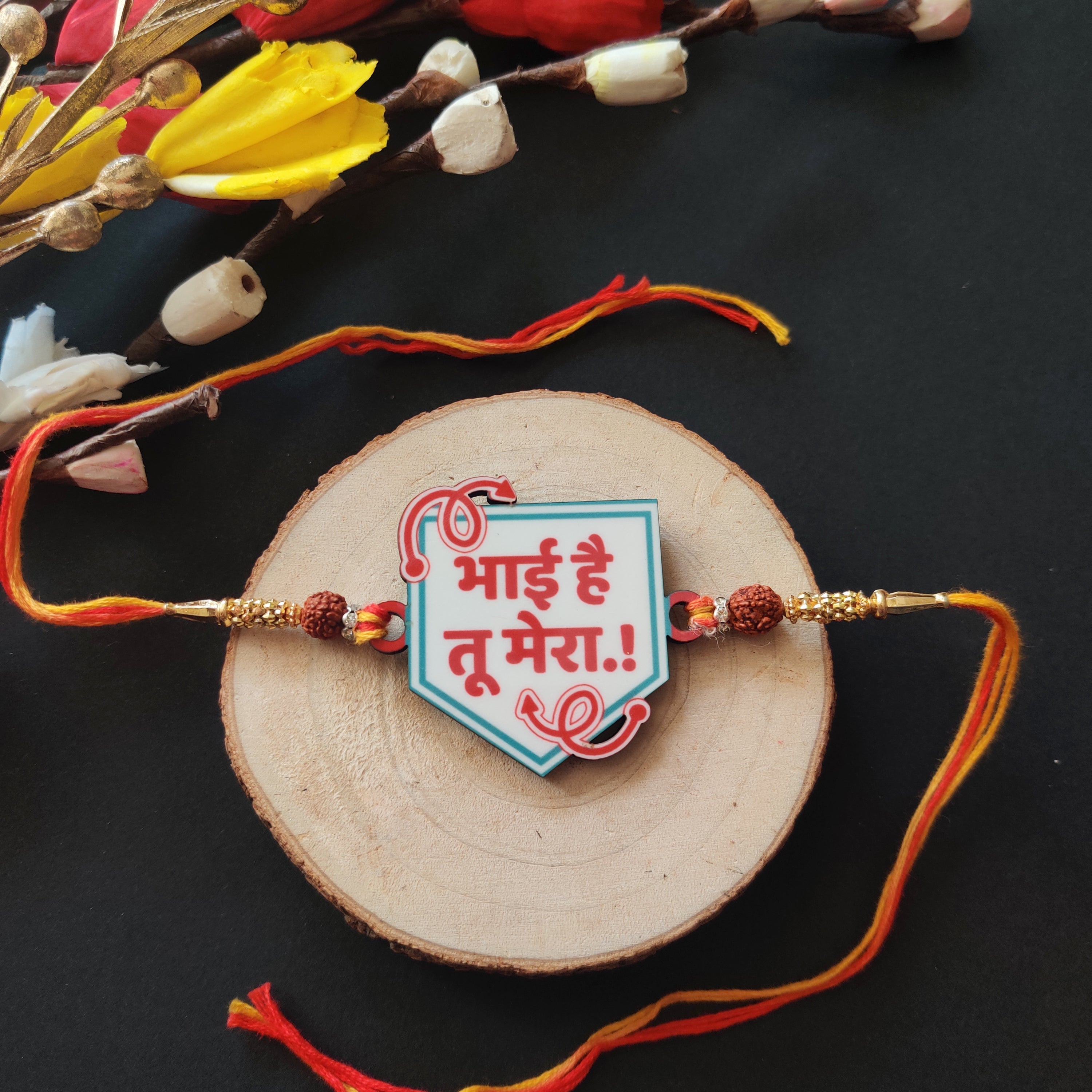 Indianvibez Bhai Hai Tu Mera Wooden Rakhi with Rudraksha, Quote Rakhi for Brother, Shop India - Kids Rakhi | Grocsy