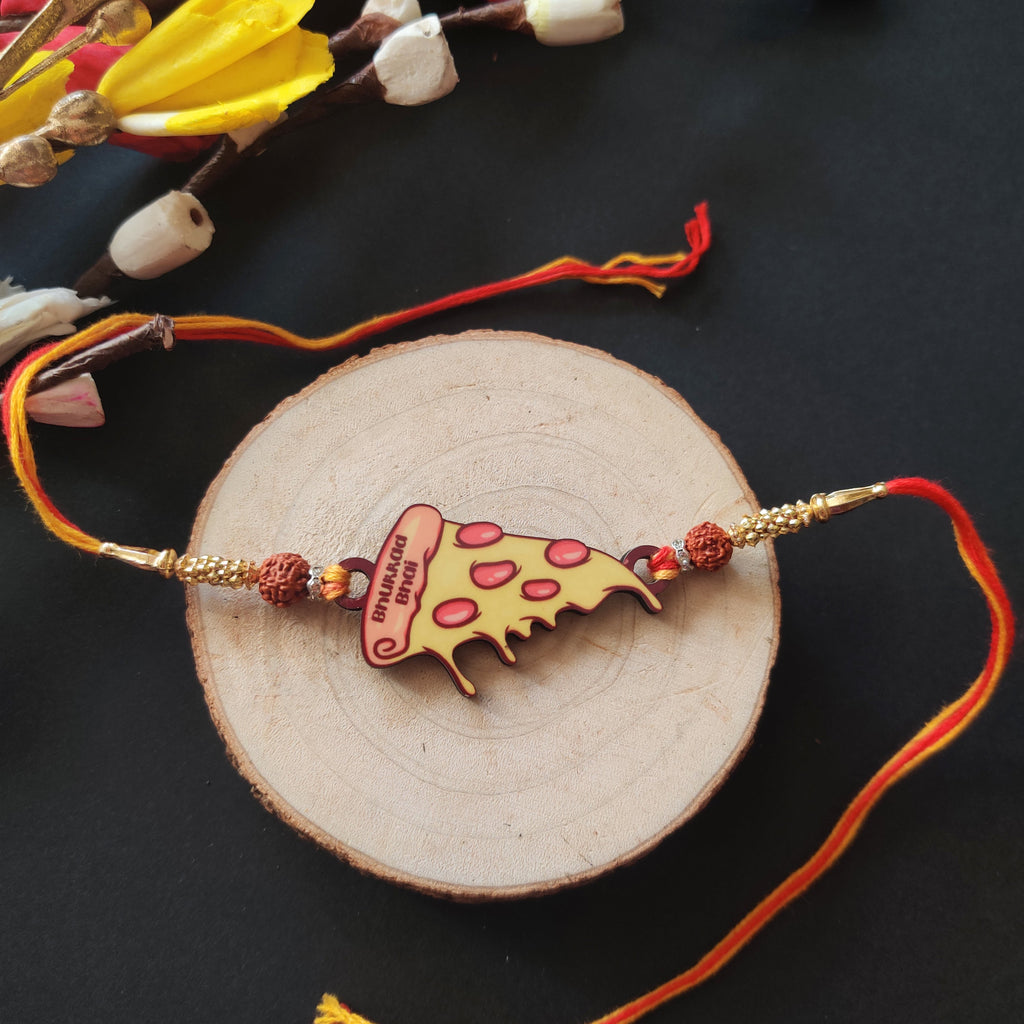 Indianvibez Bhukkad Bhai Pizza Wooden Rakhi with Rudraksha, Food Rakhi for Brother, Shop India - Kids Rakhi | Grocsy