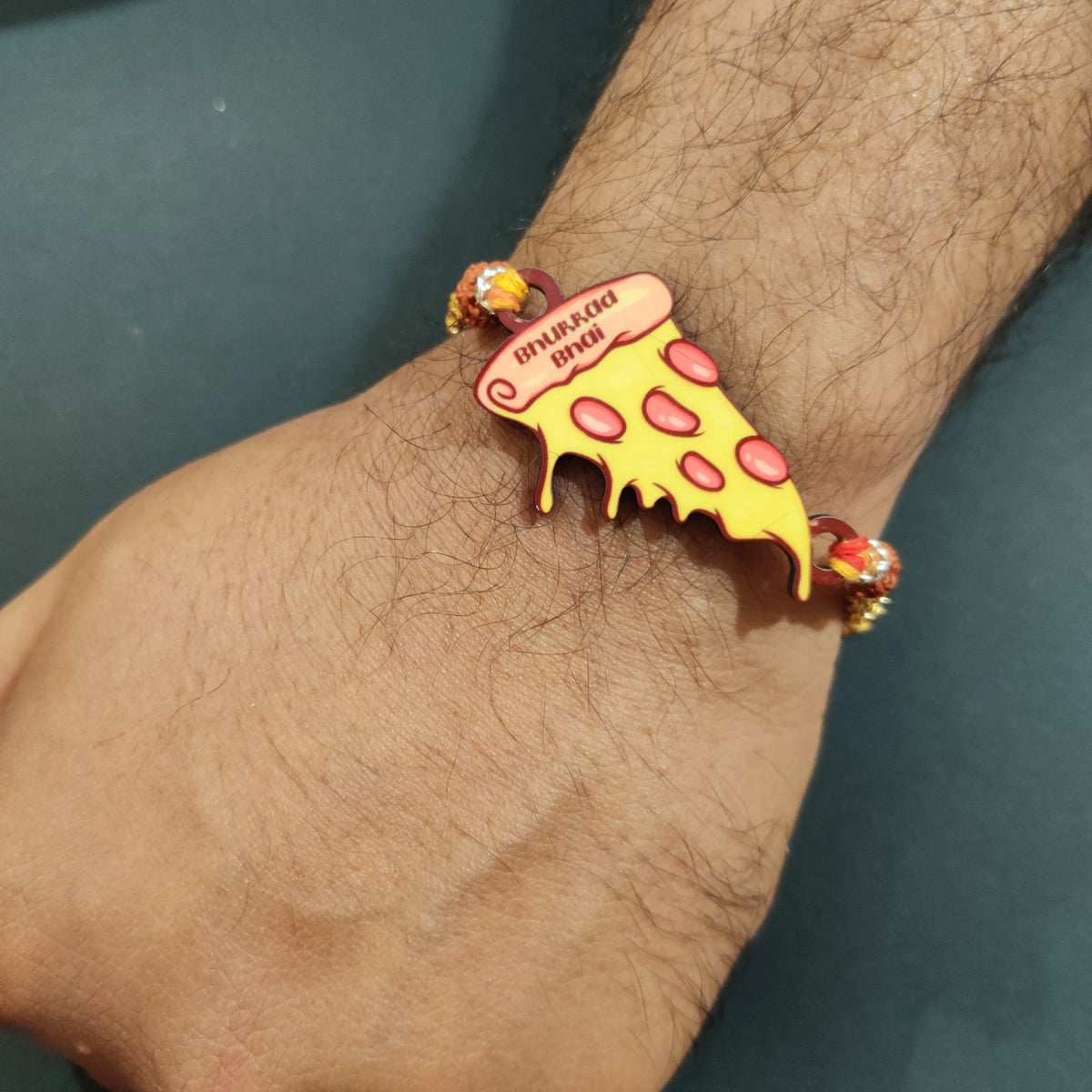Indianvibez Bhukkad Bhai Pizza Wooden Rakhi with Rudraksha, Food Rakhi for Brother, Shop India - Kids Rakhi | Grocsy