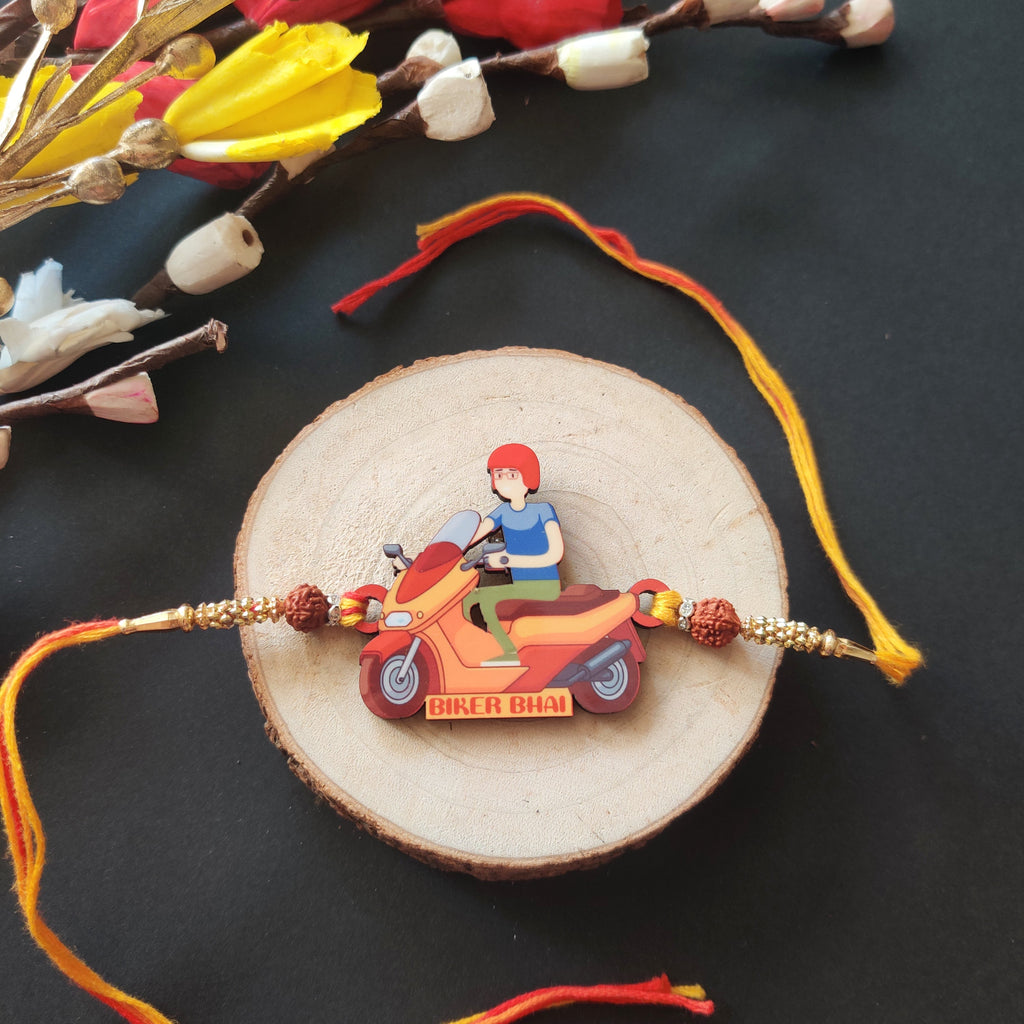 Indianvibez Biker Bhai Wooden Rakhi with Rudraksha, Motorcycle Rakhi for Bro, Shop India - Kids Rakhi | Grocsy
