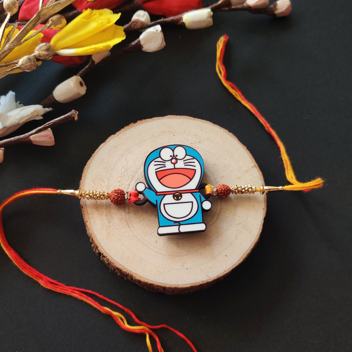 Indianvibez Doraemon Wooden Rakhi with Rudraksha, Cartoon Rakhi for Bro, Shop India - Kids Rakhi | Grocsy