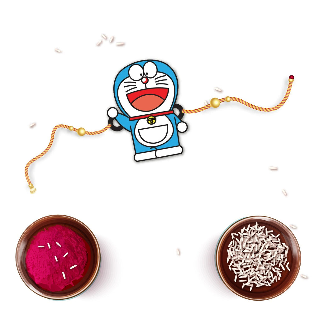 Indianvibez Doraemon Wooden Rakhi with Rudraksha, Cartoon Rakhi for Bro, Shop India - Kids Rakhi | Grocsy