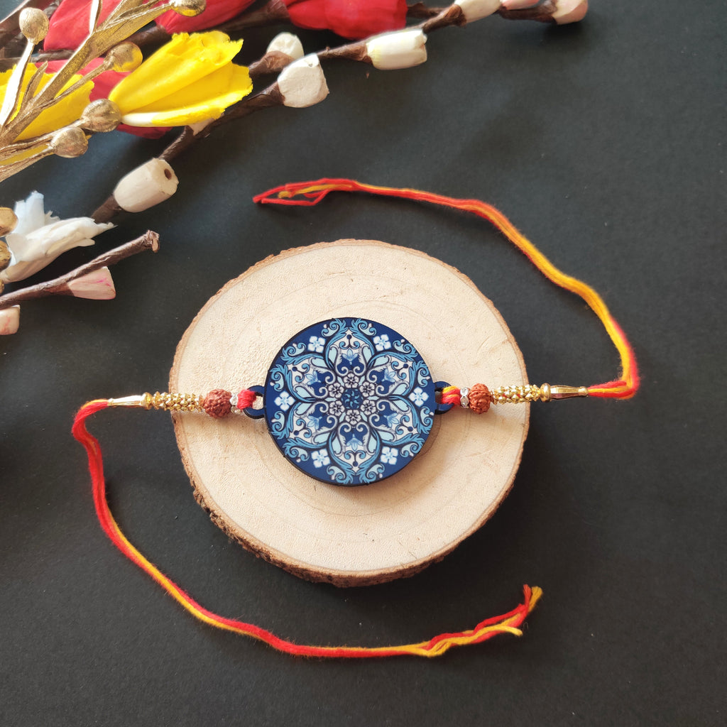 Indianvibez Ethnic Mandala Wooden Rakhi with Rudraksha, Divine Rakhi for Brother| - Kids Rakhi | Grocsy