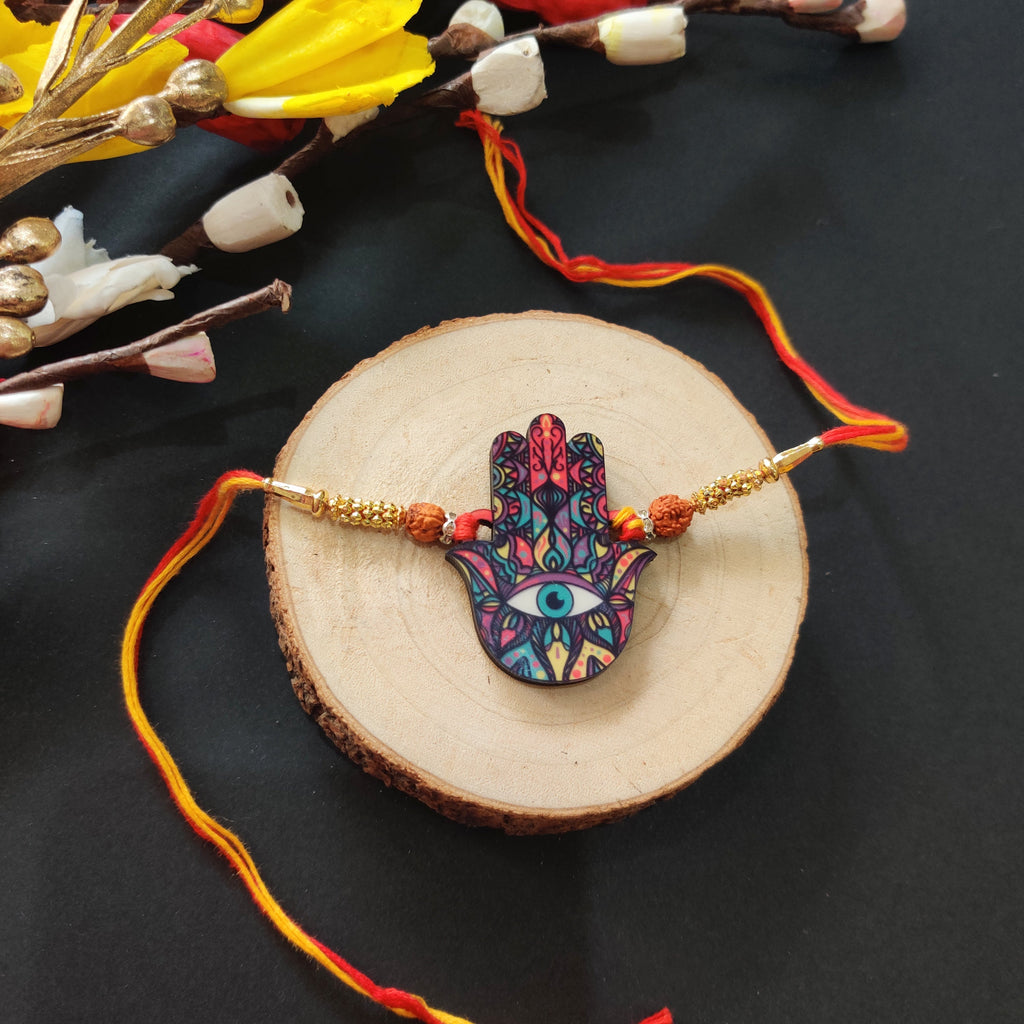 Indianvibez Protective Hamsa Rakhi, Wooden Rakhi with Rudraksha Thread - Kids Rakhi | Grocsy