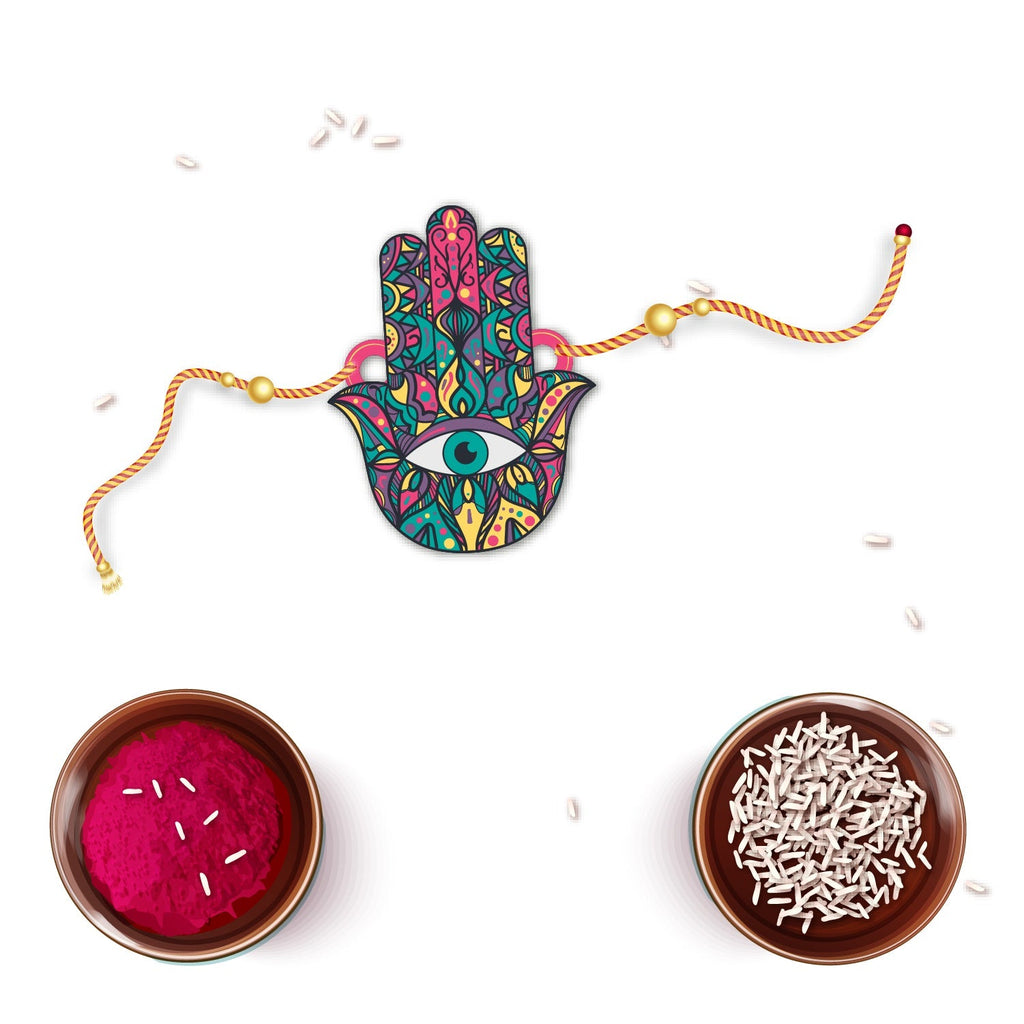 Indianvibez Protective Hamsa Rakhi, Wooden Rakhi with Rudraksha Thread - Kids Rakhi | Grocsy