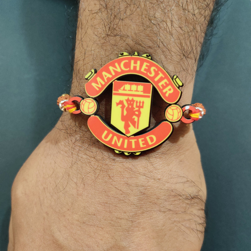 Indianvibez Manchester United Wooden Rakhi with Rudraksha, Football Rakhi for Bro, Shop India - Kids Rakhi | Grocsy