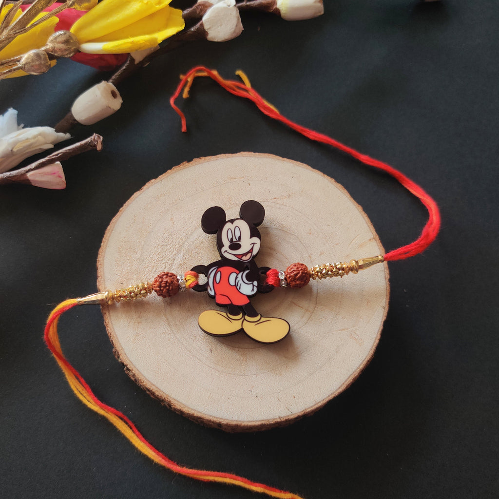 Indianvibez Mickey Wooden Rakhi with Rudraksha, Cartoon Rakhi for Brother, Shop India - Kids Rakhi | Grocsy