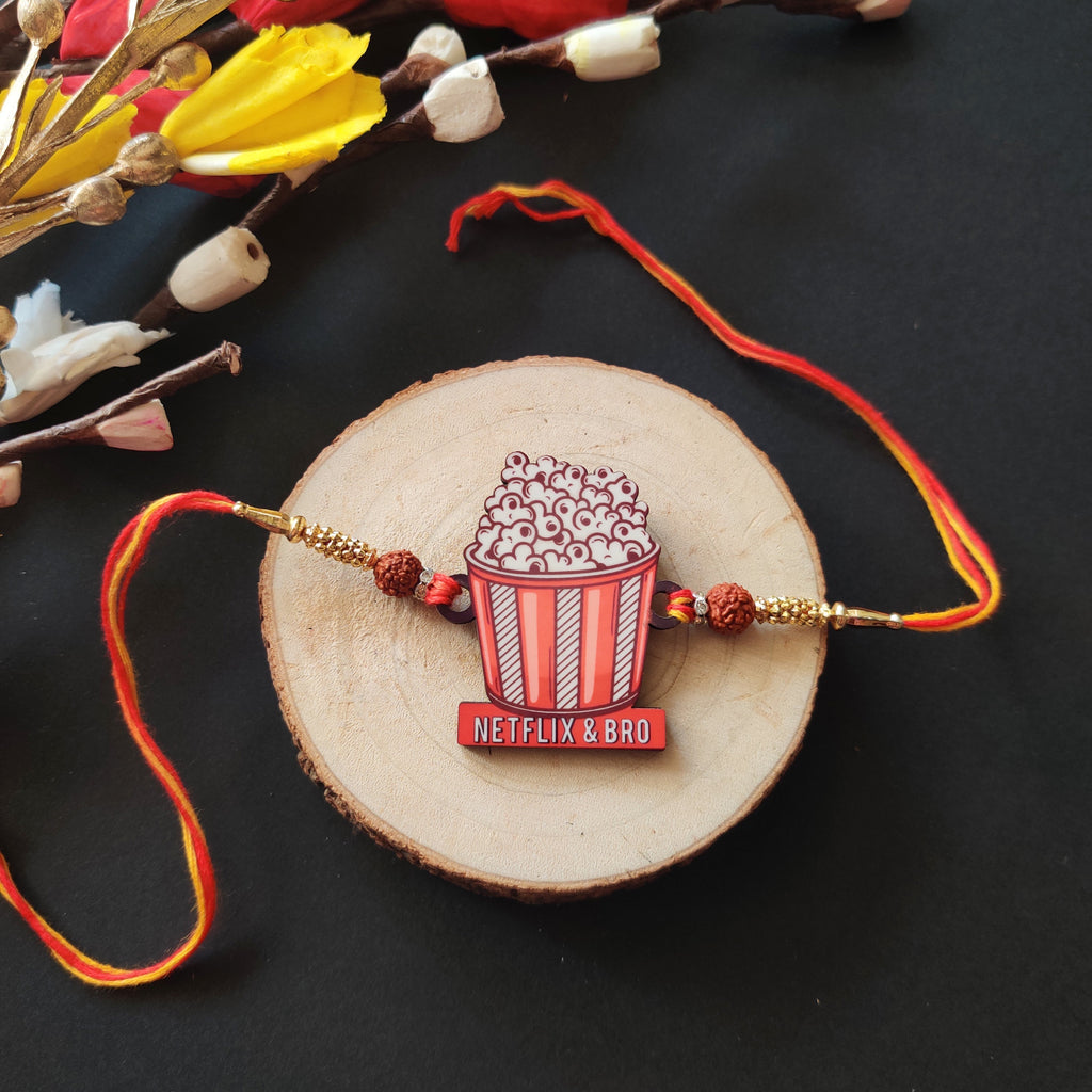 Indianvibez Netflix & Bro Wooden Rakhi with Rudraksha, Chill Bhai Rakhi, Shop India - Kids Rakhi | Grocsy