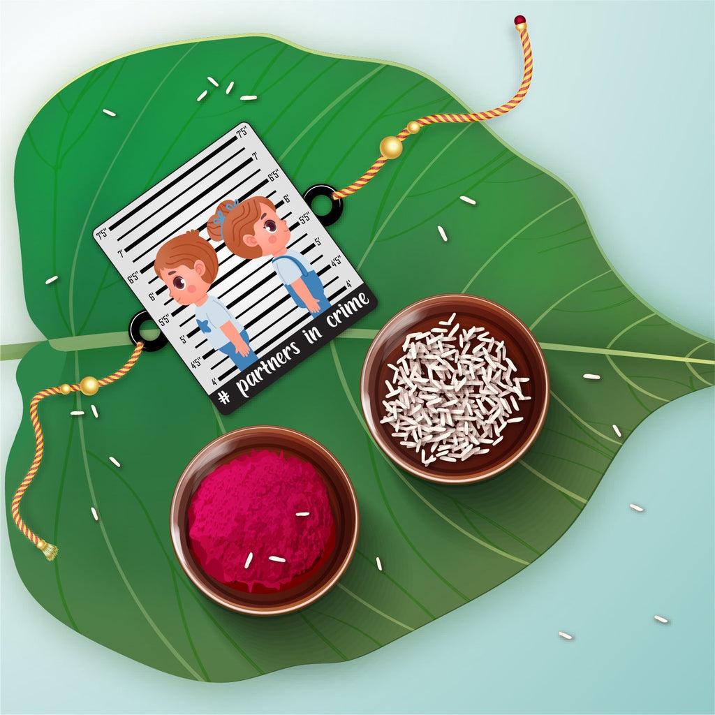 Indianvibez Partners in Crime Rakhi Wooden Rakhi for brother with Rudraksha Thread - Kids Rakhi | Grocsy