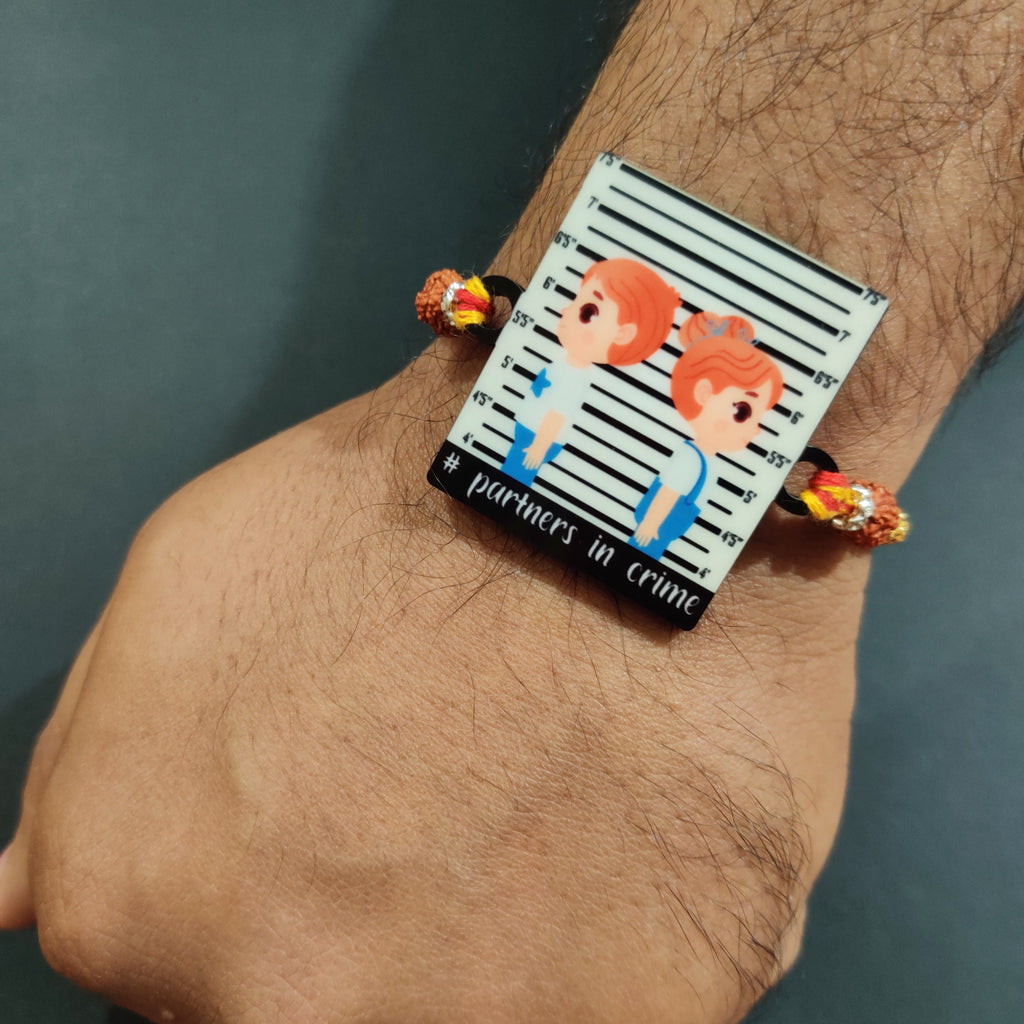 Indianvibez Partners in Crime Rakhi Wooden Rakhi for brother with Rudraksha Thread - Kids Rakhi | Grocsy