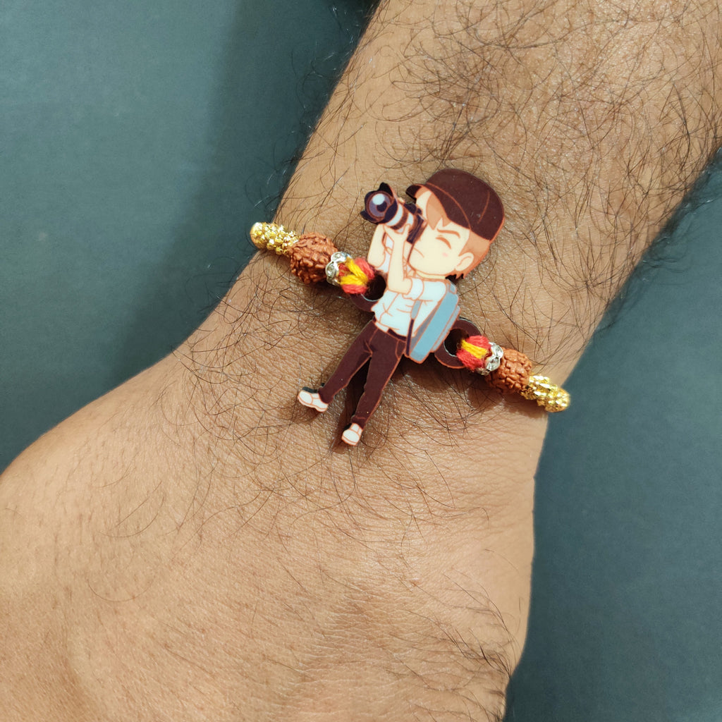 Indianvibez Photographer Bhai Wooden Rakhi with Rudraksha, Hobby Rakhi for Brother, Shop India - Kids Rakhi | Grocsy