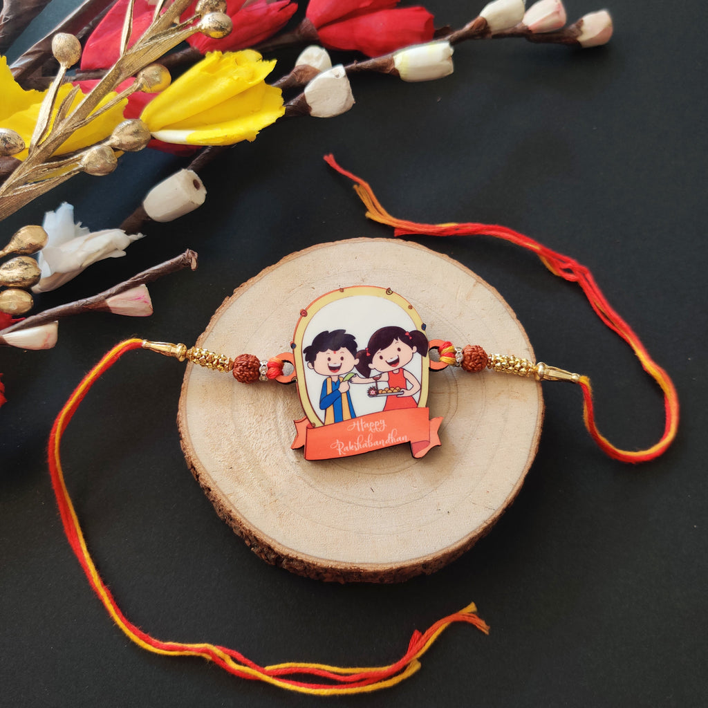 Indianvibez Happy Rakshabandhan Wooden Rakhi with Rudraksha, Traditional Rakhi for Brother, Shop India - Kids Rakhi | Grocsy
