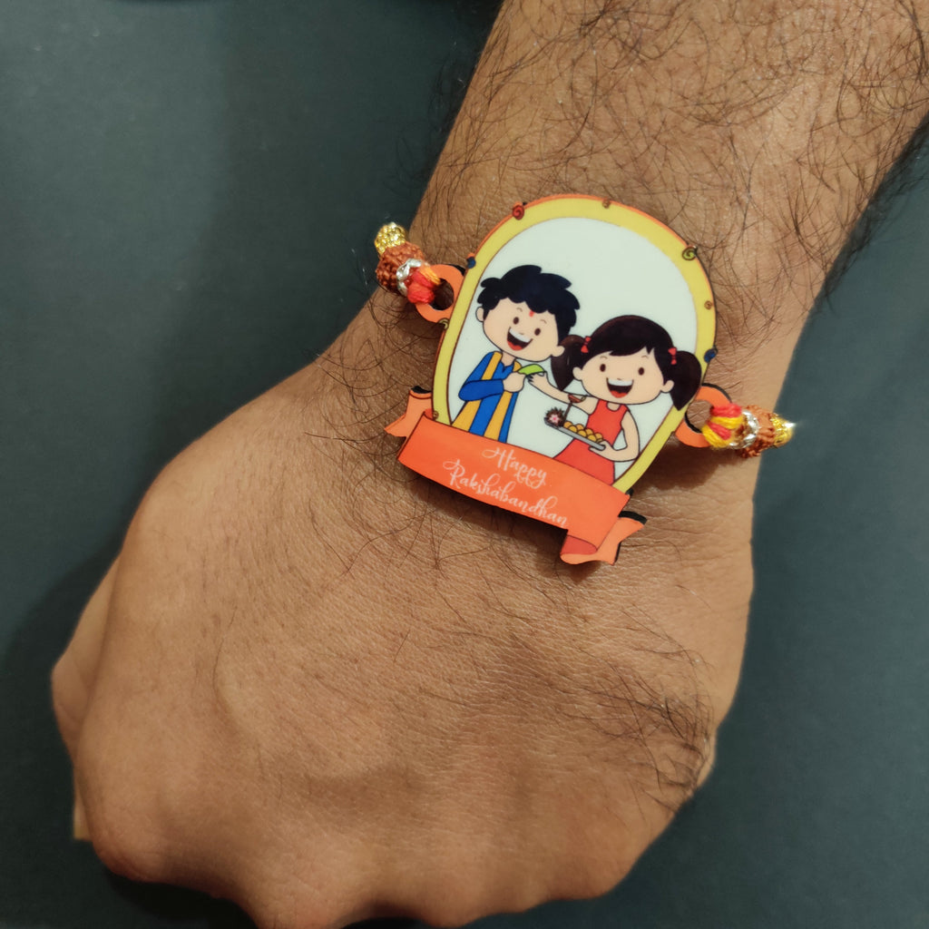 Indianvibez Happy Rakshabandhan Wooden Rakhi with Rudraksha, Traditional Rakhi for Brother, Shop India - Kids Rakhi | Grocsy