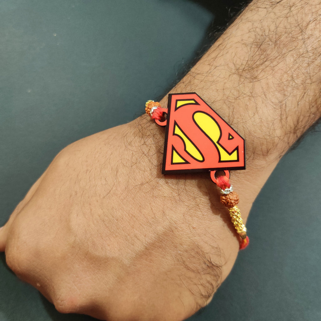 Indianvibez Superman Wooden Rakhi with Rudraksha, Superhero Rakhi for Brother, Shop India - Kids Rakhi | Grocsy