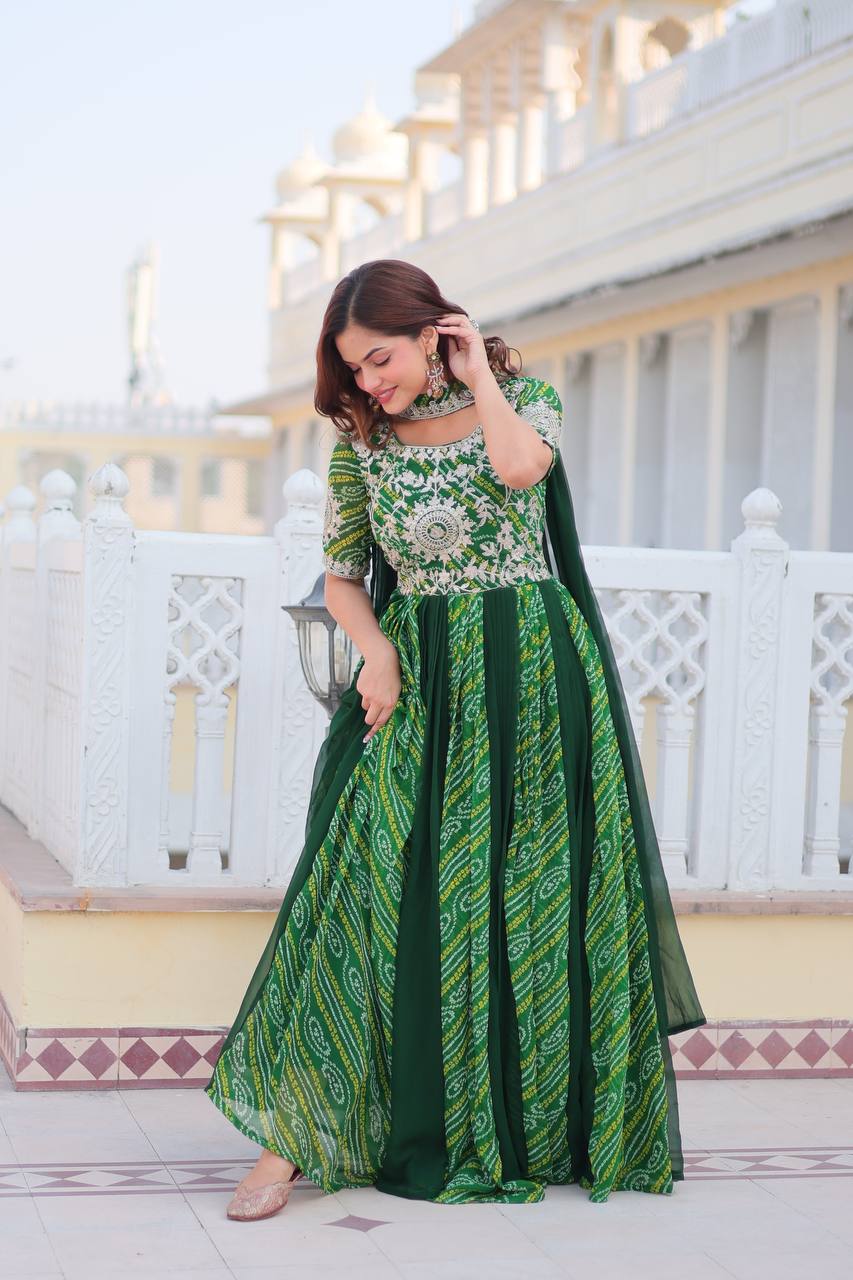 Lehenga Mart Designer Georgette Bandhej Gown & Dupatta | Grocsy