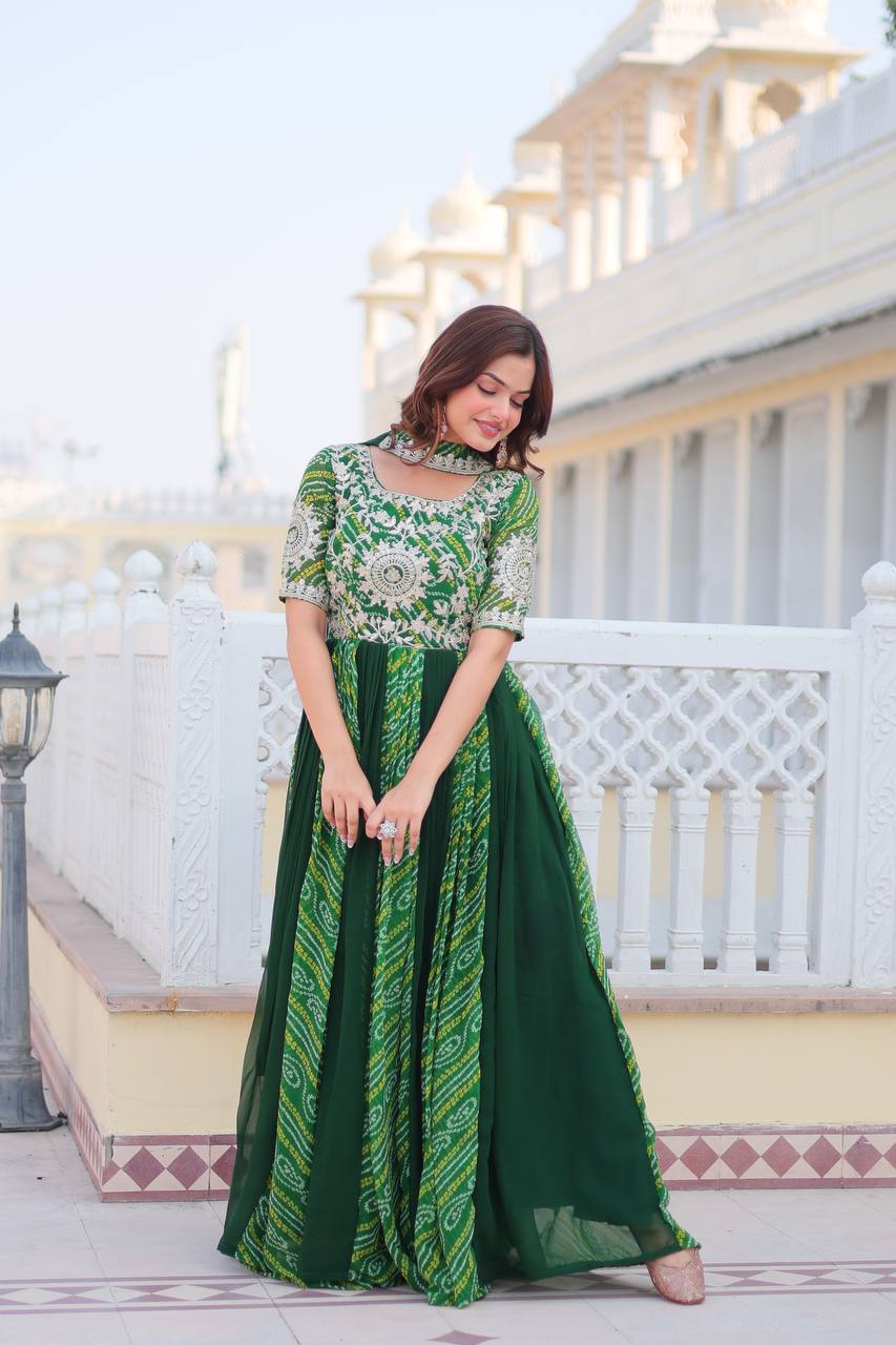 Lehenga Mart Designer Georgette Bandhej Gown & Dupatta | Grocsy