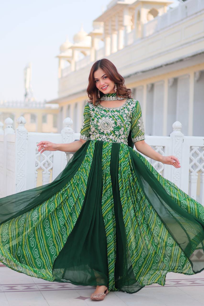 Lehenga Mart Designer Georgette Bandhej Gown & Dupatta | Grocsy