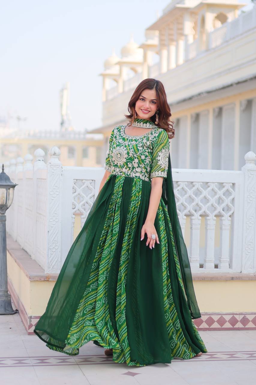 Lehenga Mart Designer Georgette Bandhej Gown & Dupatta | Grocsy