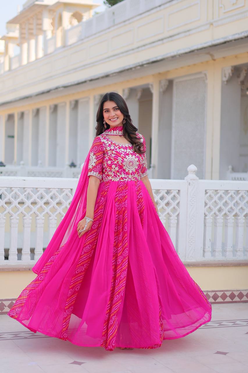 Lehenga Mart Designer Georgette Bandhej Gown & Dupatta | Grocsy