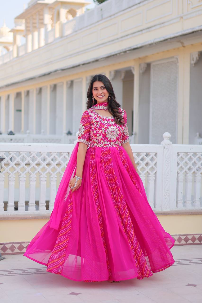 Lehenga Mart Designer Georgette Bandhej Gown & Dupatta | Grocsy