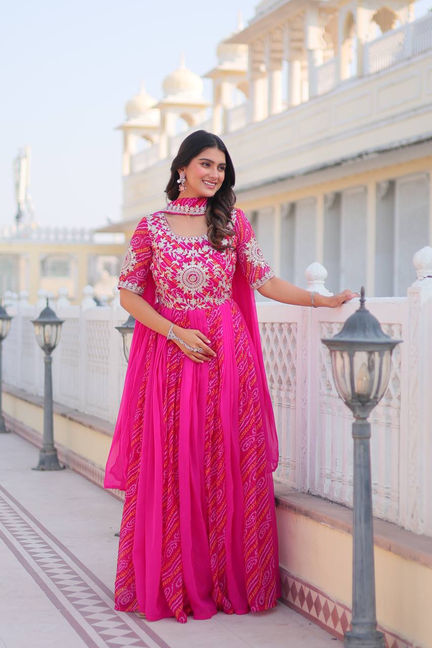 Lehenga Mart Designer Georgette Bandhej Gown & Dupatta | Grocsy