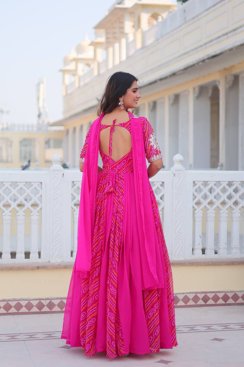 Lehenga Mart Designer Georgette Bandhej Gown & Dupatta | Grocsy