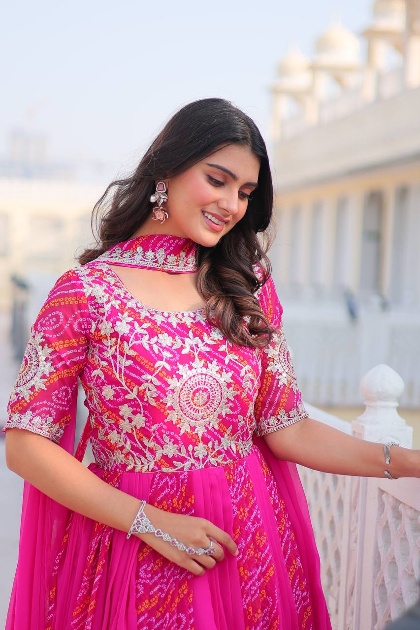 Lehenga Mart Designer Georgette Bandhej Gown & Dupatta | Grocsy