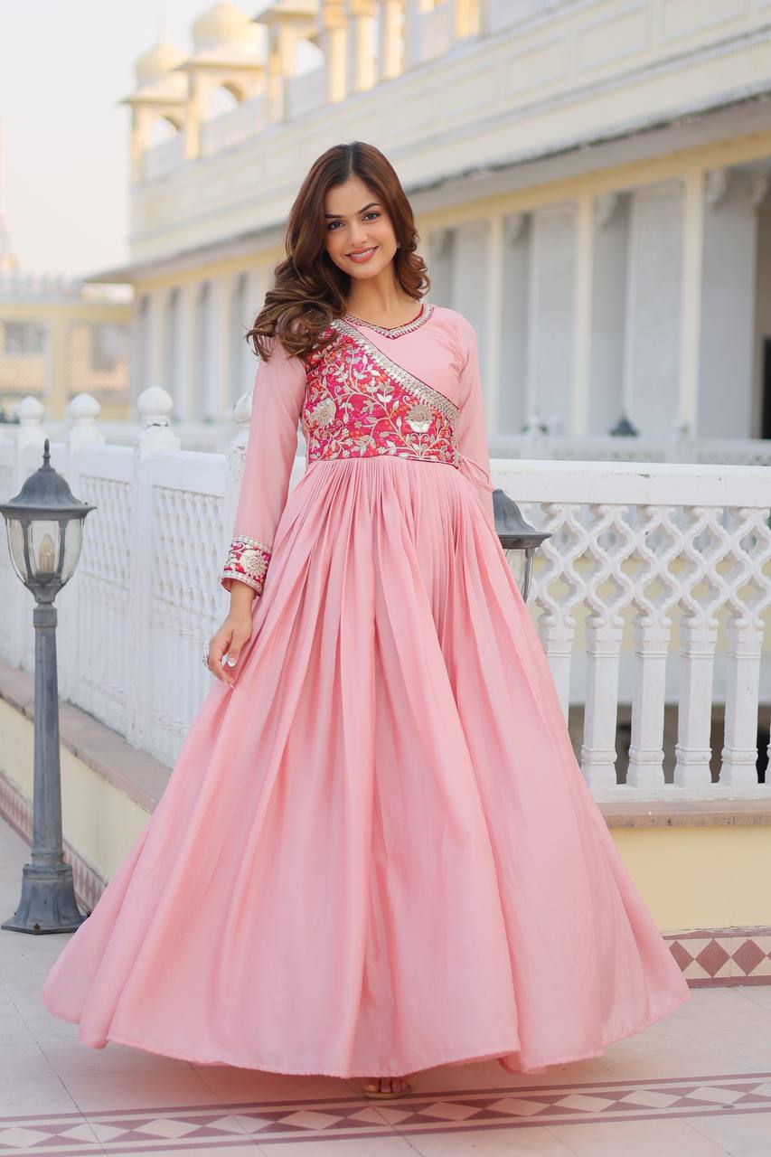 Lehenga Mart Pure Chinon Bandhej Gotta patti cording Work Gown | Grocsy