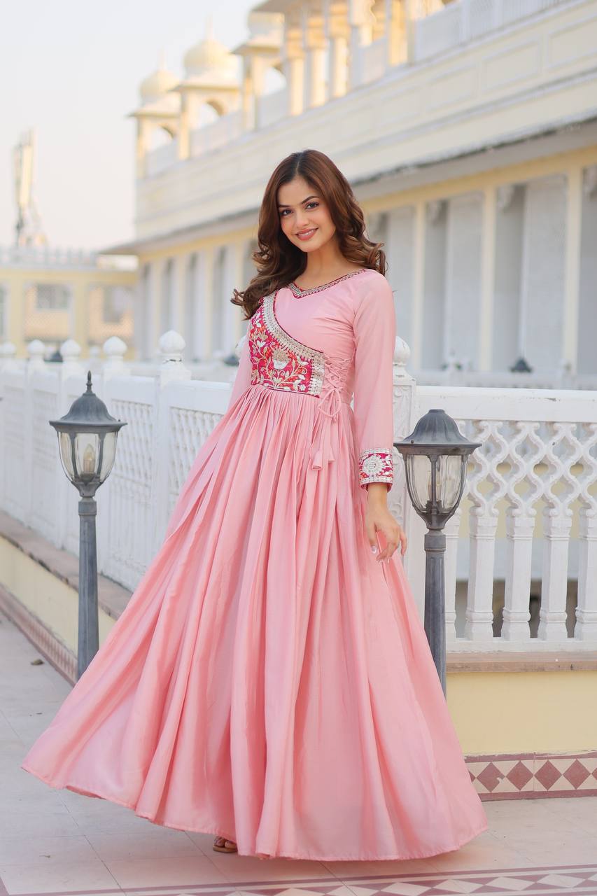 Lehenga Mart Pure Chinon Bandhej Gotta patti cording Work Gown | Grocsy
