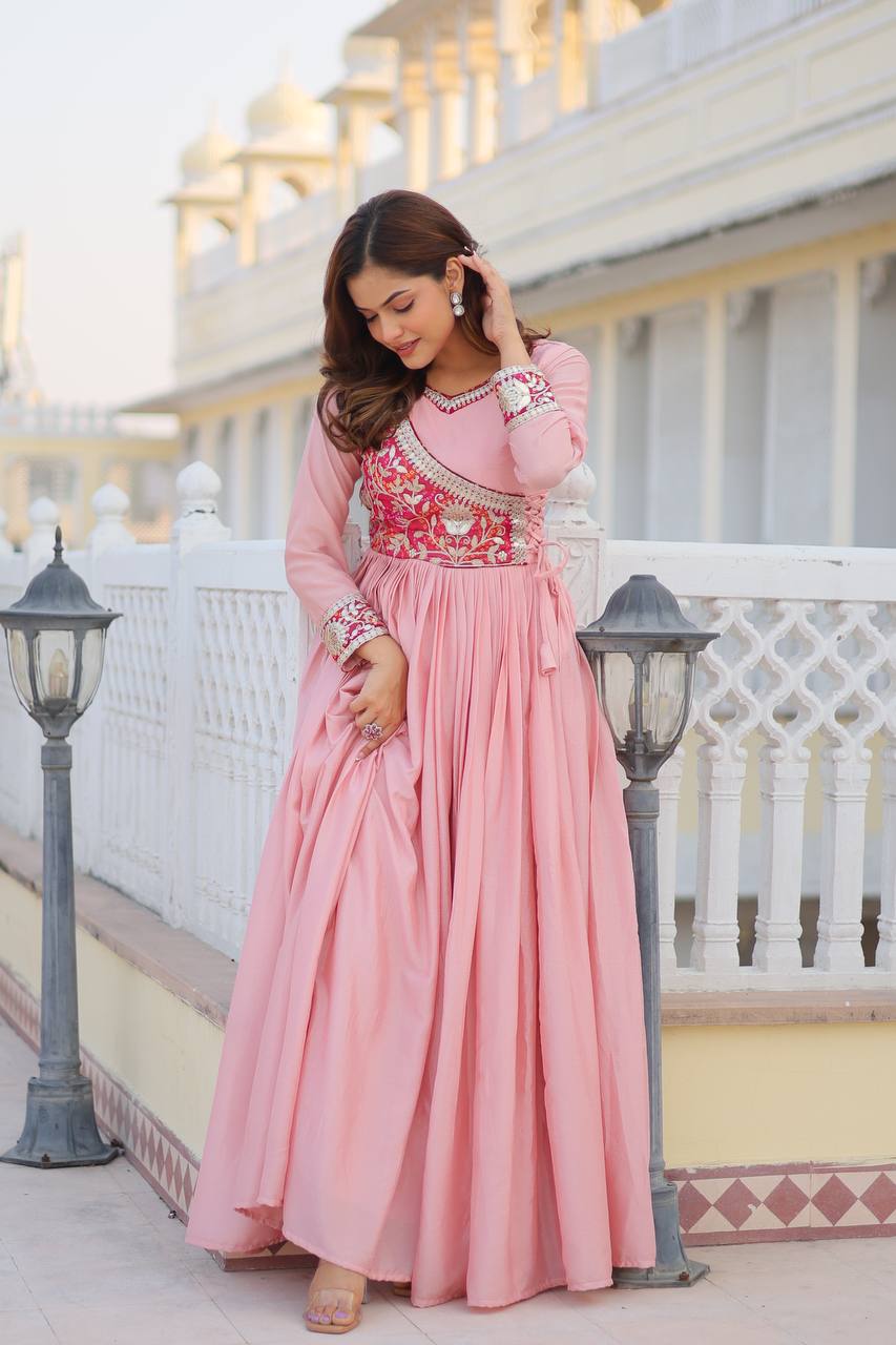 Lehenga Mart Pure Chinon Bandhej Gotta patti cording Work Gown | Grocsy