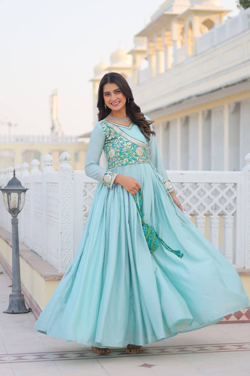 Lehenga Mart Pure Chinon Bandhej Gotta patti cording Work Gown | Grocsy