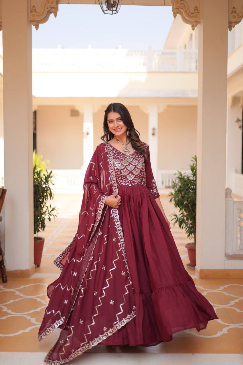 Lehenga Mart Georgette Long Gown & Dupatta for wedding Party wear | Grocsy