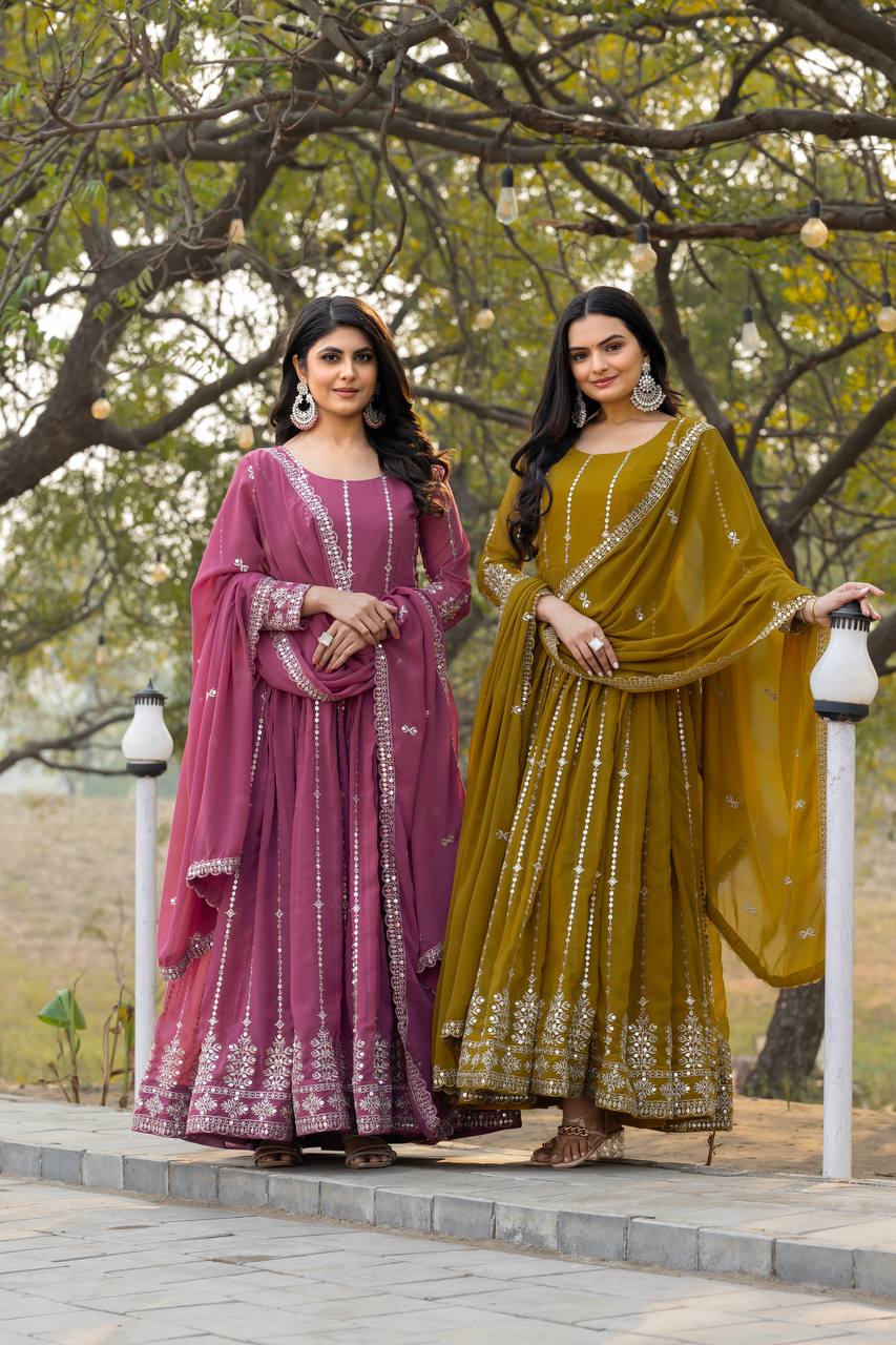 Lehenga Mart Georgette Long Gown & Dupatta for wedding Party wear | Grocsy