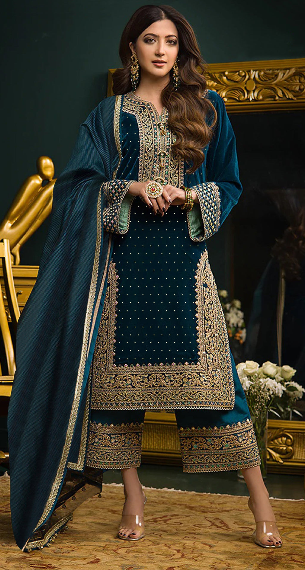 Lorenvalley Fashion Women Rama Velvet Embroidered Salwar Suit Material | Grocsy