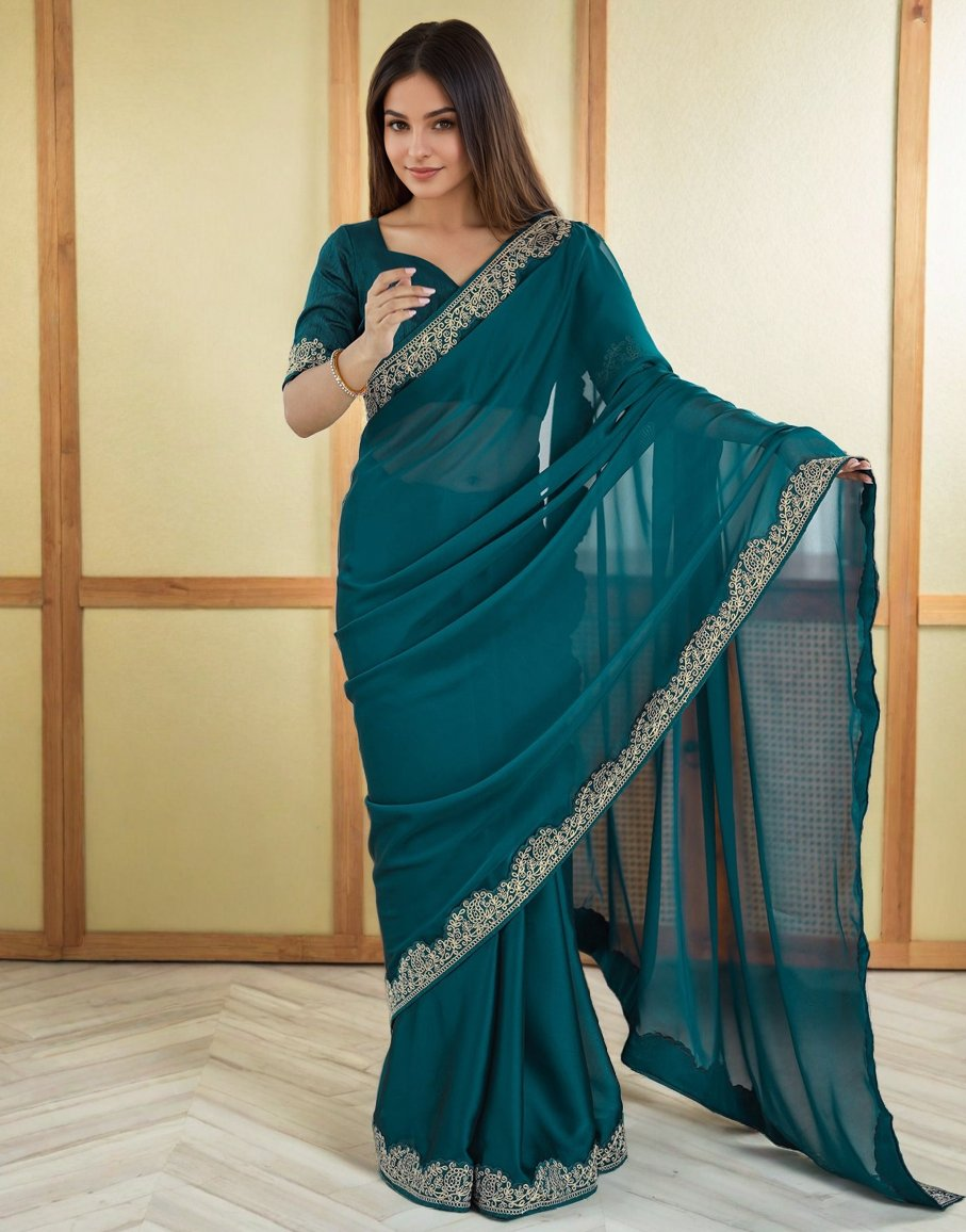 Lorenvalley Fashion Rama Rangoli Silk with Coding Lace Work Saree with Blouse | Grocsy