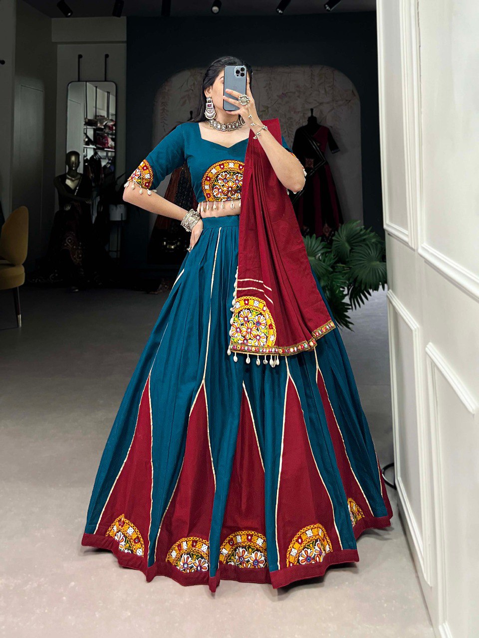 Lorenvalley Rama Pure Cotton Plain And Gamthi Patch Work With Gota Patti Lehenga Choli with Dupatta | Grocsy