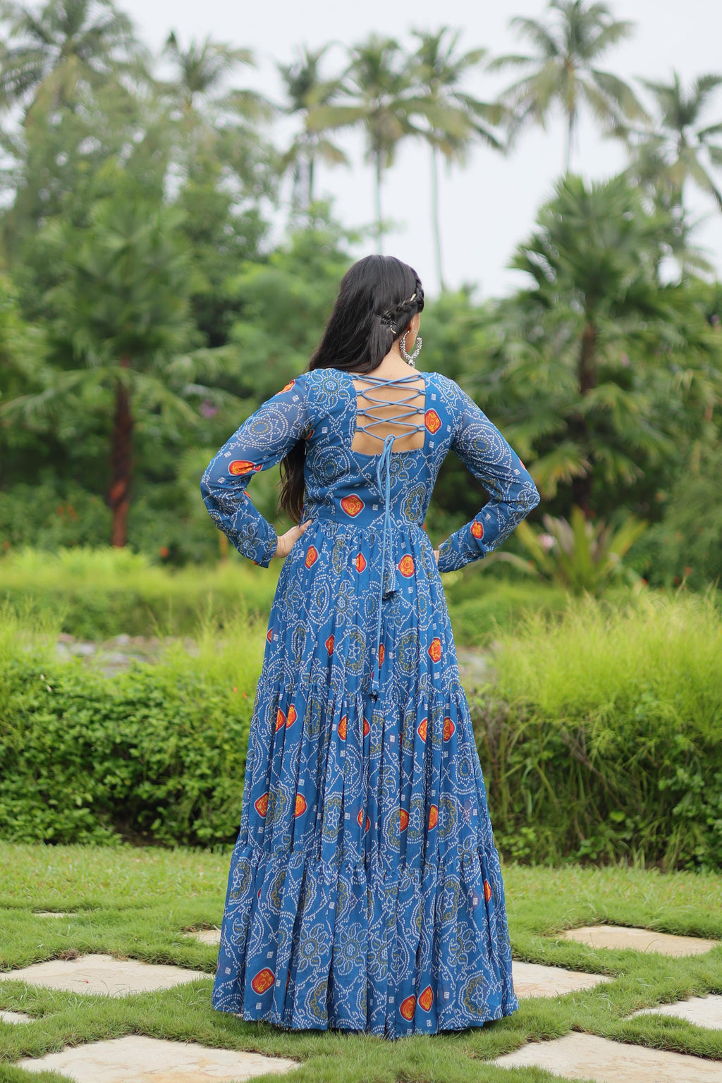 Lorenvalley Rama Faux Georgette Bandhani Print Work With Kutchi Patch Work Gown | Grocsy