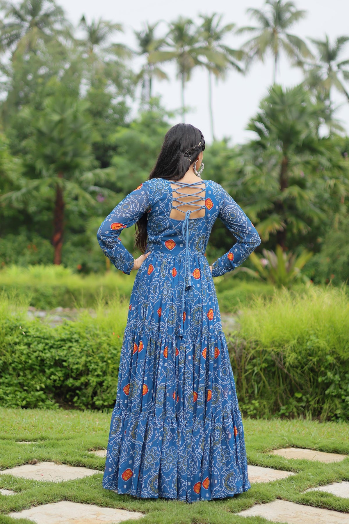 Lorenvalley Rama Faux Georgette Bandhani Print Work With Kutchi Patch Work Gown | Grocsy