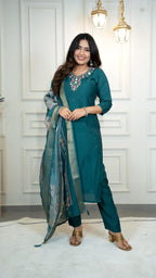 Lorenvalley Fashion Rama Roman Silk Hand Work Kurta Pant with Dupatta | Grocsy