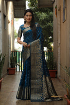 Lorenvalley Premium Pure Handmade Bandhej Kanjivaram silk saree with Zari Weaving Rich Pallu saree - Rama | Grocsy