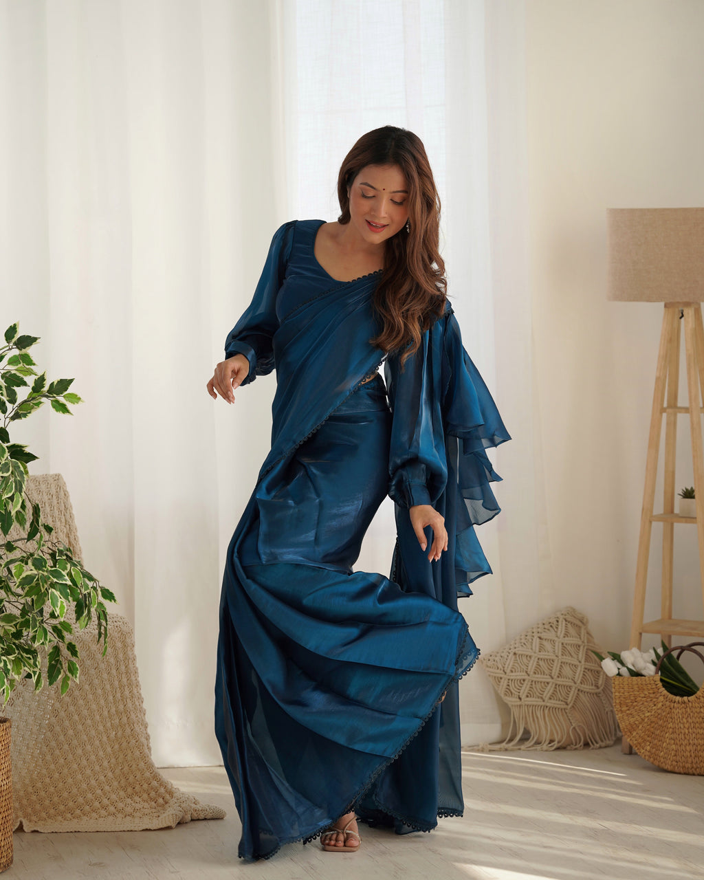 Lorenvalley Ready to wear Jimmy Choo Organza Fabric Border Lace Work Predrapped Saree | Grocsy