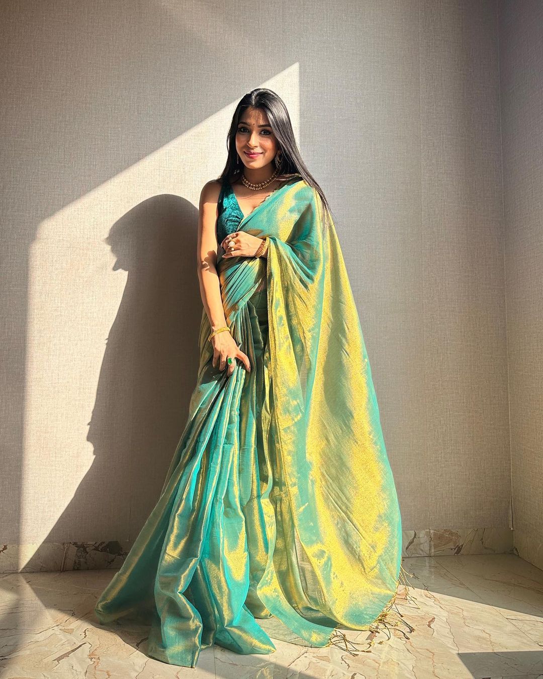 Evanik Rama Shaded Fendy Silk wedding and partywear Saree with Blouse | Grocsy