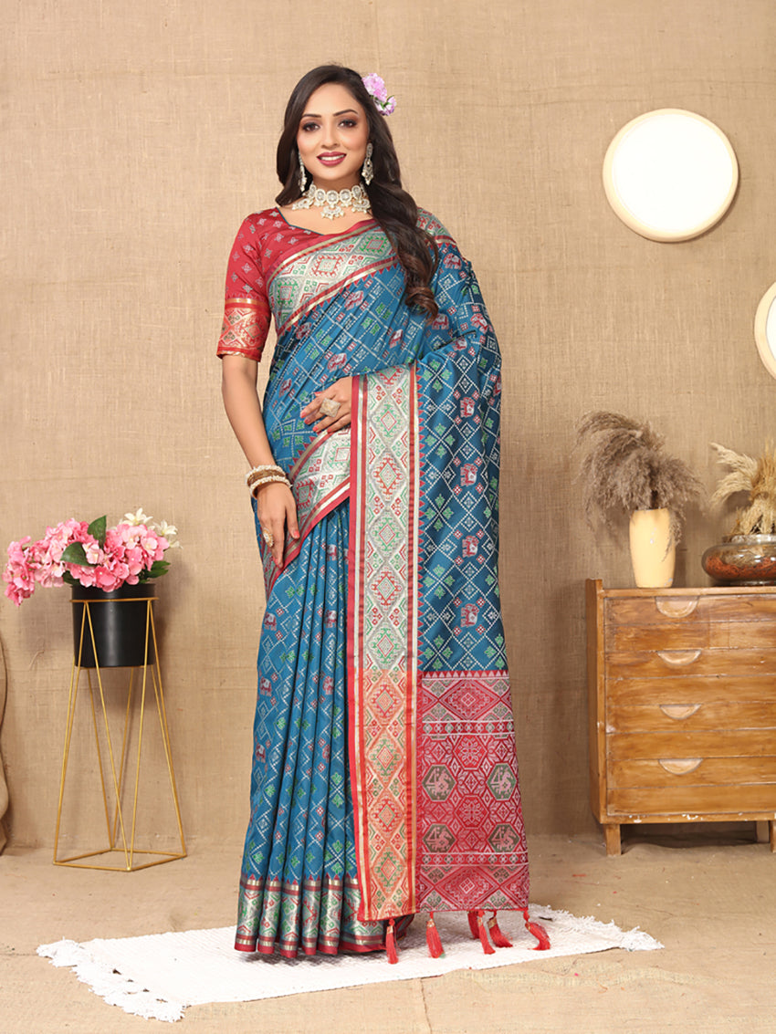 Lorenvalley Fashion Rama Patola Silk Woven Design with Zari Meenakari Weaving motifs Pallu Saree | Grocsy