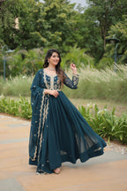 Evanik Rama Faux Blooming Gown With Dupatta With Sequins-Multi & Zari Embroidered Work | Grocsy
